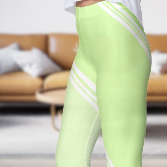 Leggings Blanc chic sous Pale Green Banding Print (Chic White under Pale Green Banded Print Leggings)