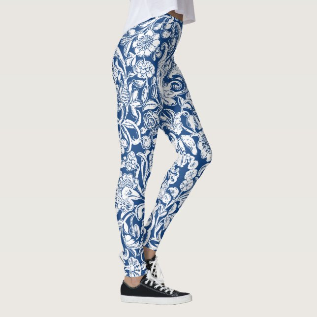Leggings Blanc floral antique sur bleu (Droite)