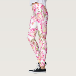 Leggings Blanc rose jaune romantique floral rose d'été