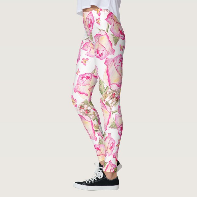 Leggings Blanc rose jaune romantique floral rose d'été (Gauche)