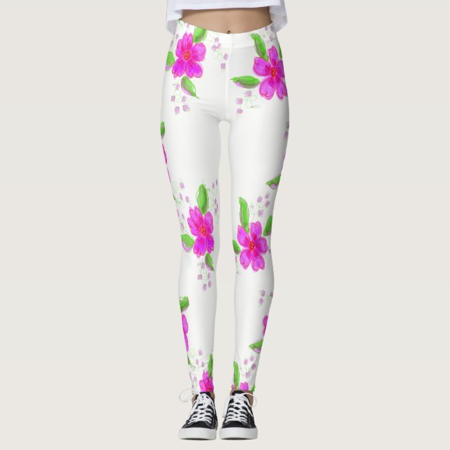 Leggings blancs avec impression de fleurs roses (Devant)