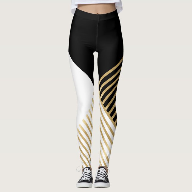 Leggings Blancs d'or géométrique noir moderne (Devant)