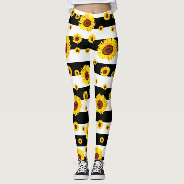 Leggings Blancs Noirs Avec Fleur De Tournesol (Devant)