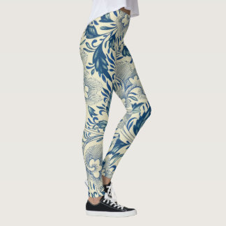 Leggings Bleu antique et blanc Motif à fleurs orientales Yo