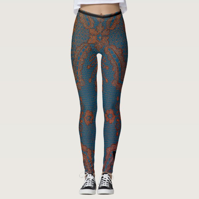 LEGGINGS BLEU AVEC DES LÉGUMES MOTIFS DE LACE ANTIQUE (Devant)