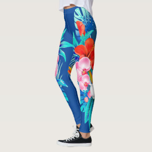Leggings Bleu avec légendes de fleurs tropicales