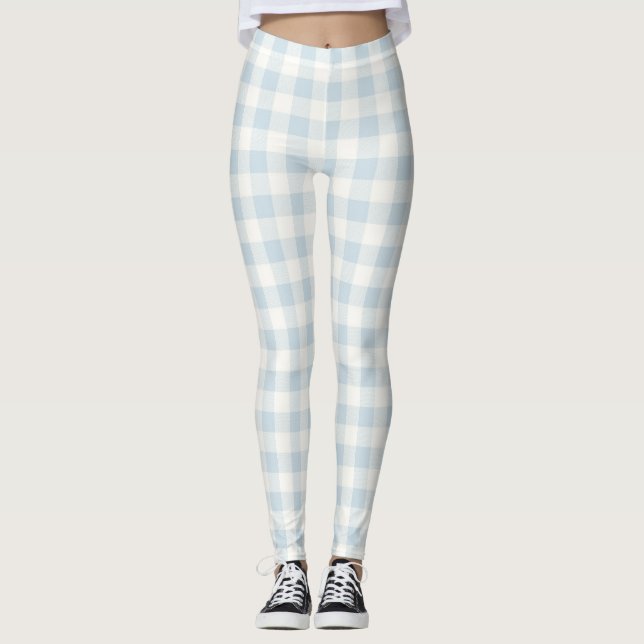 Leggings Bleu Clair Blanc Carreaux Rayures (Devant)