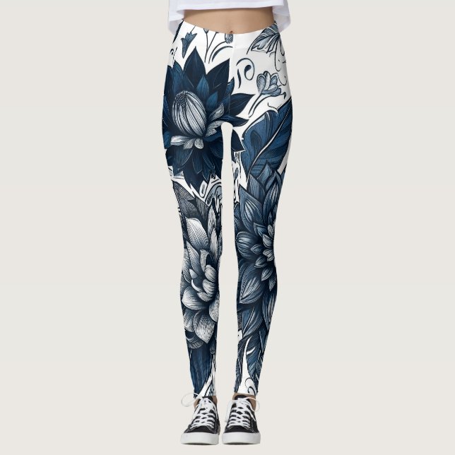 Leggings Bleu et blanc Bohème Floral Impression (Devant)