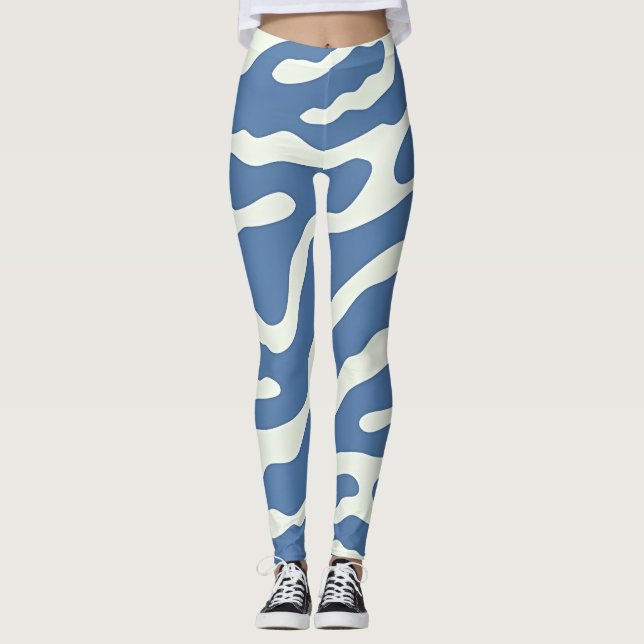 Leggings Bleu et crème Moderne Abstrait Wavy Lines Motif (Devant)