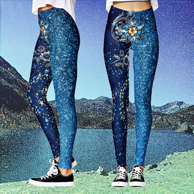 Leggings Bleu étincelant Nouvel An Parties scintillant Étoi (Blue Sparkling New Year Glitter Stars Floral Party Leggings)