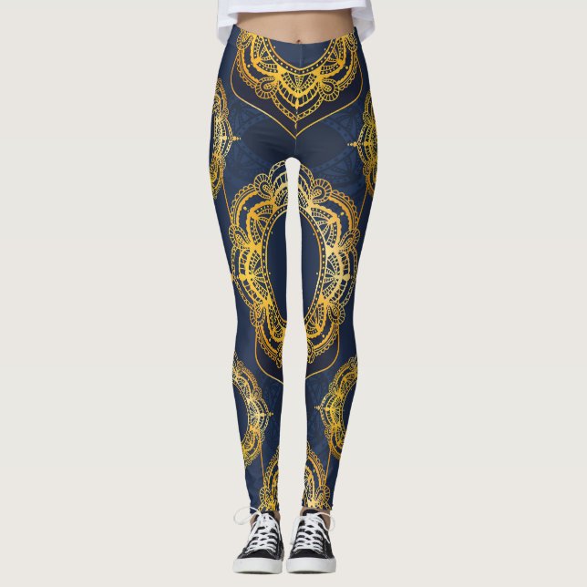 Leggings Bleu marine ou violet avec Mandalas or (Devant)
