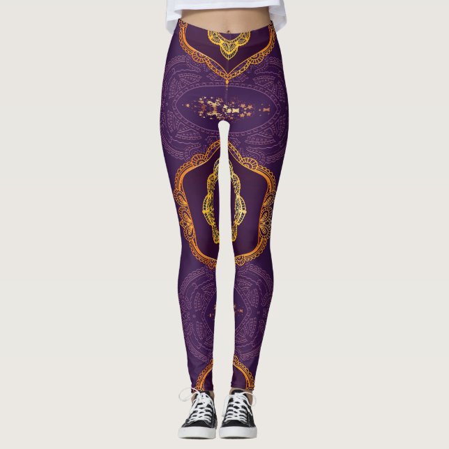 Leggings Bleu marine ou violet avec Mandalas or (Devant)