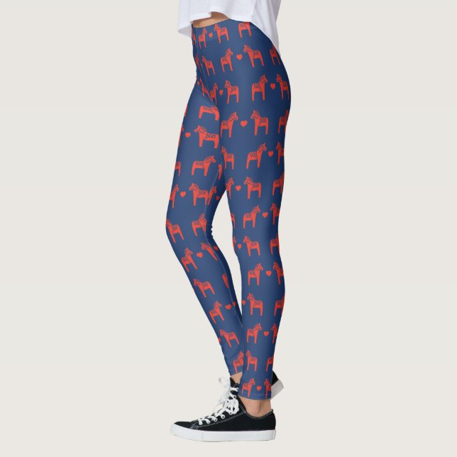 Leggings Bleu n Rouge Dala Horse avec Heart Folk Art Motif (Gauche)