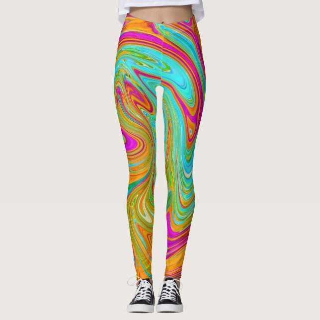 Leggings Bleu, Orange et Rose Chaud Abstrait Rétro Groovy (Devant)