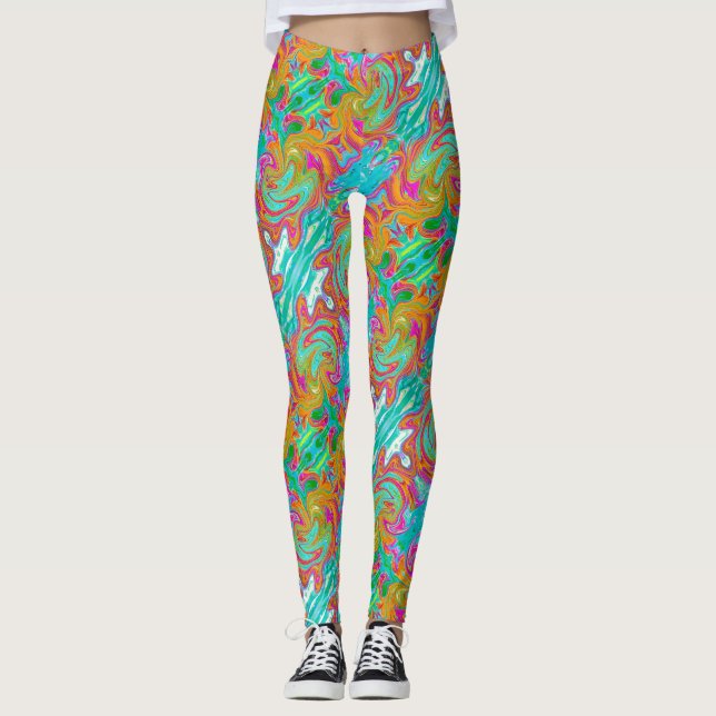 Leggings Bleu, Orange et Rose Chaud Abstrait Rétro Groovy (Devant)