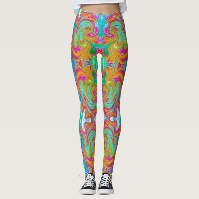 Leggings Bleu, Orange et Rose Chaud Groovy Abstrait Rétro (Devant)