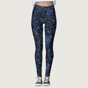 Leggings Bleu plante dispersé contours.Bleu noir BG