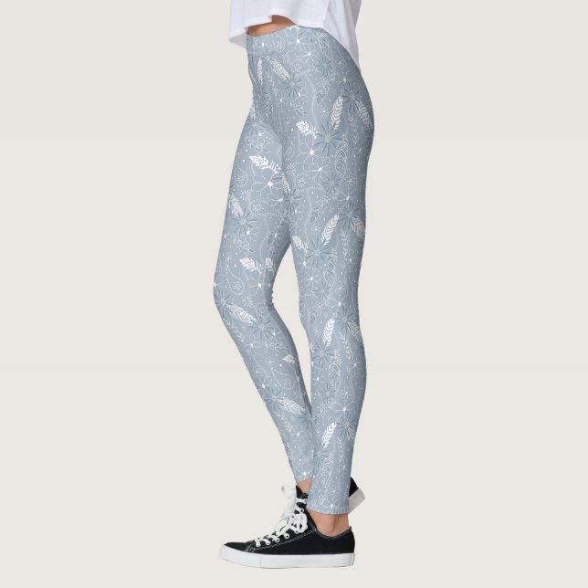 Leggings bleu poussiéreux plumes de bouho fleurs cachemire  (Gauche)