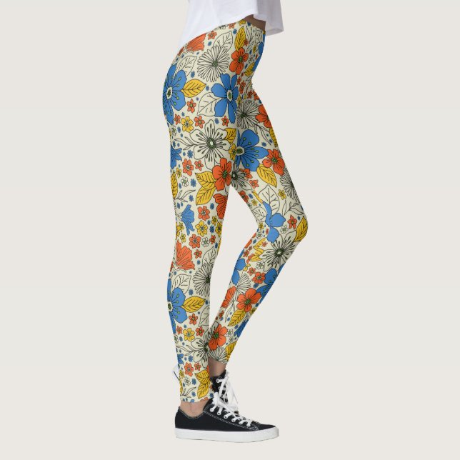 Leggings Bleu rétro, Jaune & Orange Floral (Droite)