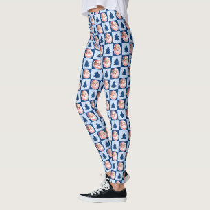 Leggings Bleu Rétro Santa Claus Arbre de Noël Tartan Plaid