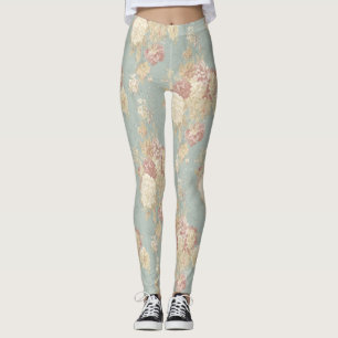 Leggings Bleu Rose Blanc Floral Fleurs Shabby Chic