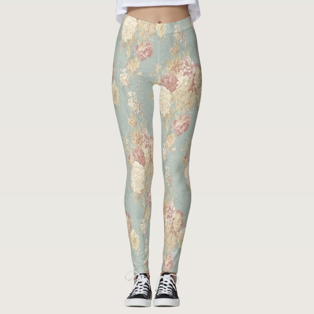 Leggings Bleu Rose Blanc Floral Fleurs Shabby Chic (Devant)