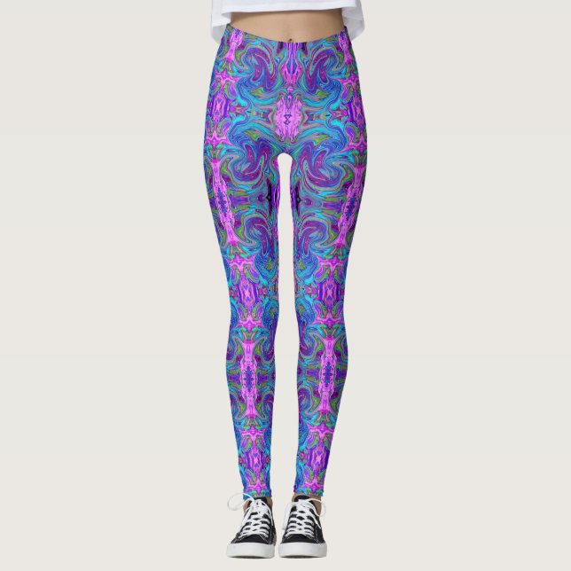 Leggings Bleu, Rose et Violet Groovy Art Abstrait Rétro (Devant)