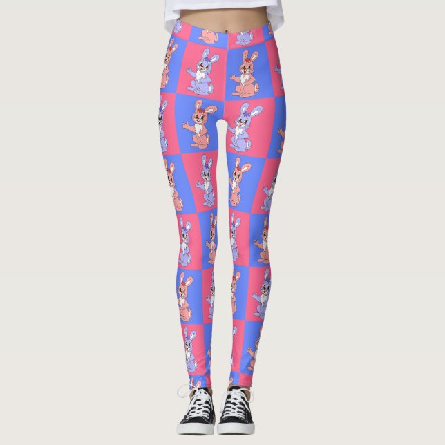 Leggings Bleu rose Kawaii mignet À damiers lapin lapin (Devant)