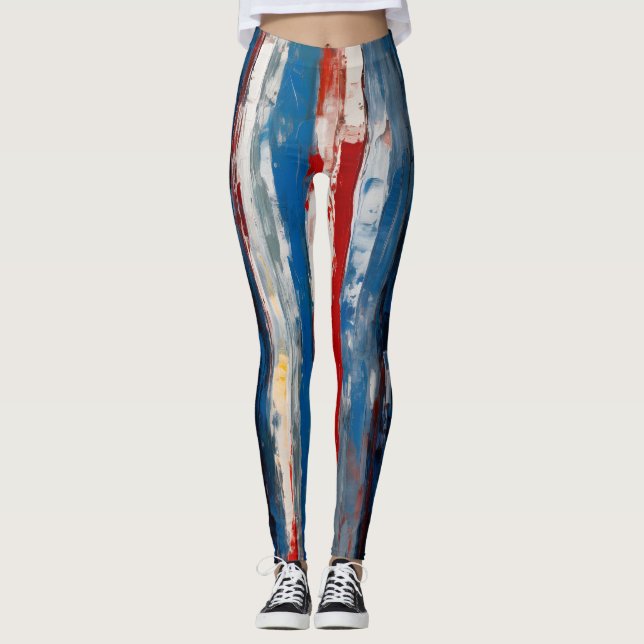 Leggings Bleu Rouge Blanc Peint Verticale Abstraites bandes (Devant)