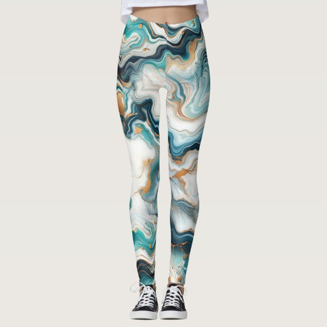 Leggings Bleu sarcelle Or Blanc Moderne Mariage Marbre Agat (Devant)