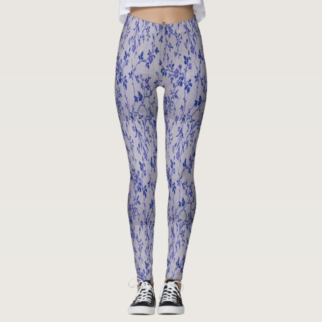 Leggings Bleu sur texture florale blanche (Devant)