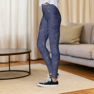 Leggings Bleu traditionnel japonais Vague Seigaiha Motif