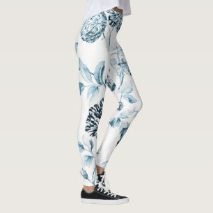 Leggings Bleu Turquoise Bleu Vintage Botanique Floral Toile