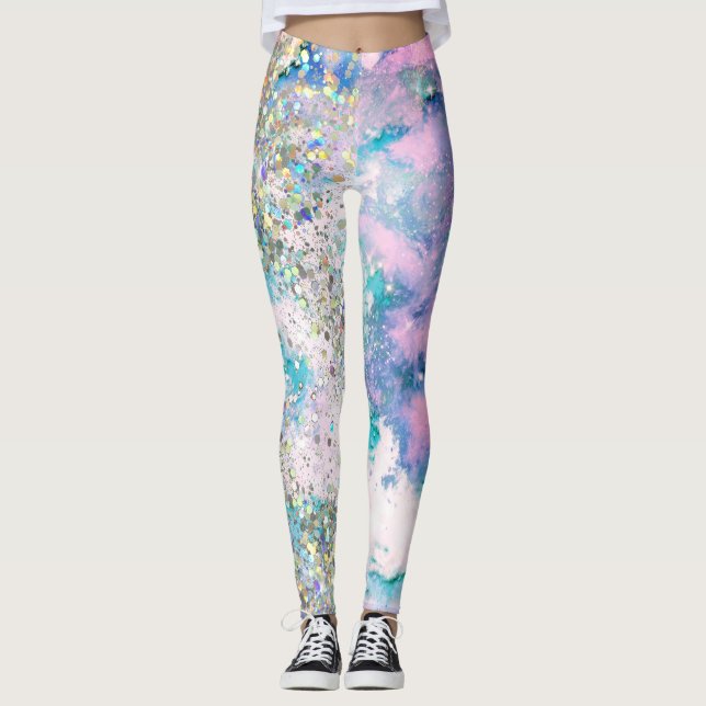 Leggings Bleu Turquoise Galaxy Holographique Parties scinti (Devant)