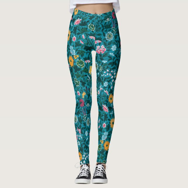 Leggings Bleu Turquoise Vert Rouge rose Jaune Motif Floral (Devant)