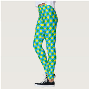 Leggings Bleu Vert Jaune Chèque Plaid Design Motif