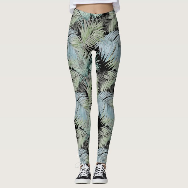 Leggings Bleu Vert Palm Feuilles Noir (Devant)