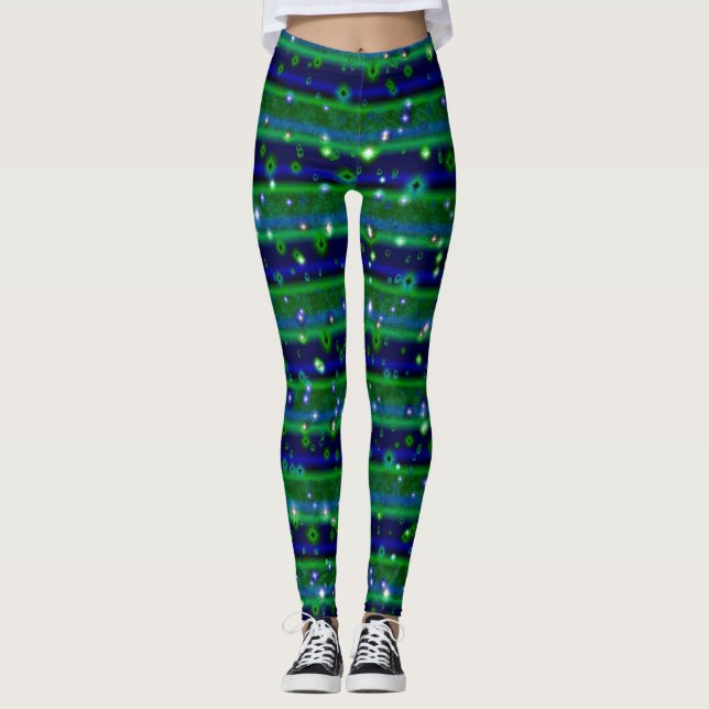 Leggings Bleu vert rayures avec étoiles et Raindrops (Devant)