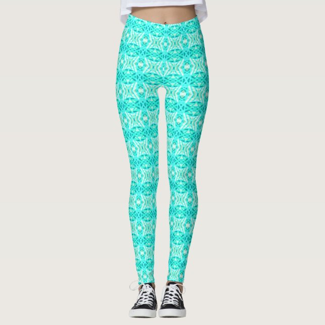 Leggings Bleu Vert Turquoise Blanc Carrelage géométrique Mo (Devant)