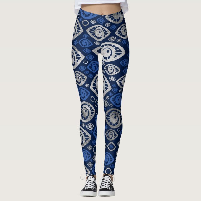 Leggings Bleus et argent grecs #1 de motif d'oeil mauvais (Devant)