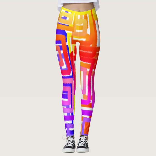 Leggings Blocs Abstraits géométriques rose jaune violet rou (Devant)