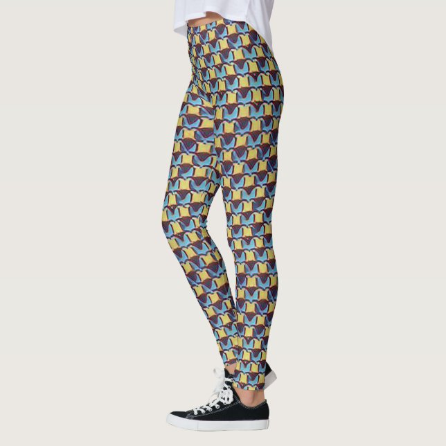 Leggings Blue & Amber Abstract Geometric Grid Pattern 1310 (Gauche)