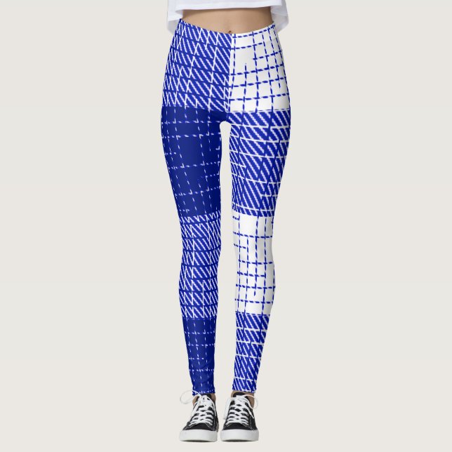 Leggings Blue and White Bold Checkered Plaid Design  (Devant)