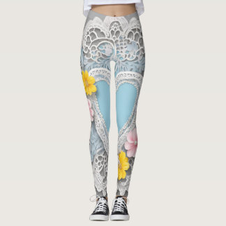 Leggings Blue floral lace heart bohemian AI art 