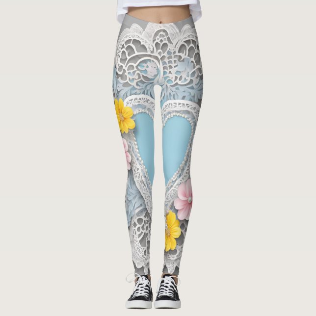 Leggings Blue floral lace heart bohemian AI art  (Devant)