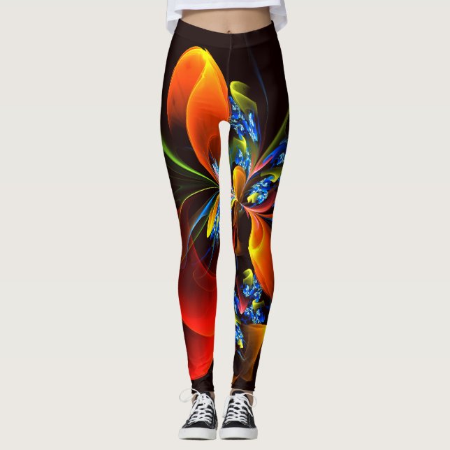 Leggings Blue Orange Floral Moderne Art Abstrait Motif #03 (Devant)
