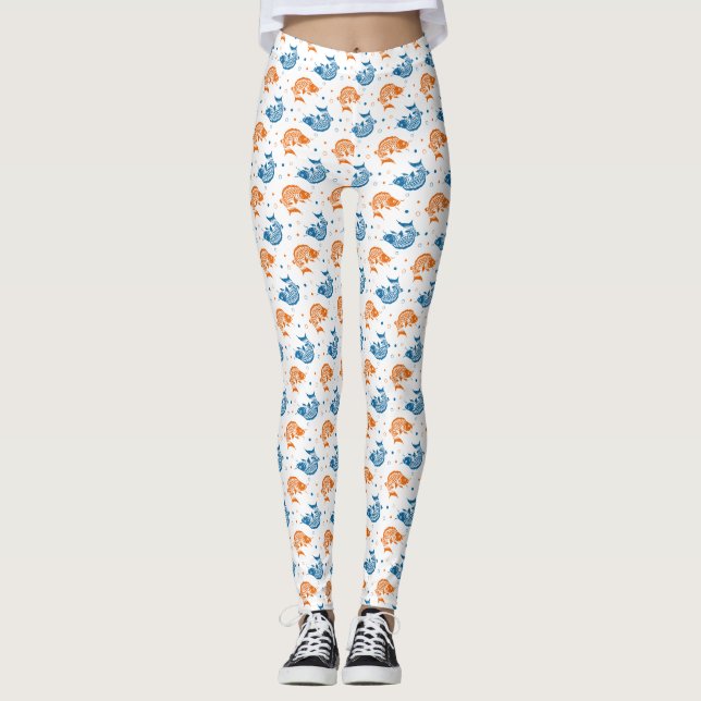 Leggings Blue Orange Summer Japonais Koi Fish (Devant)
