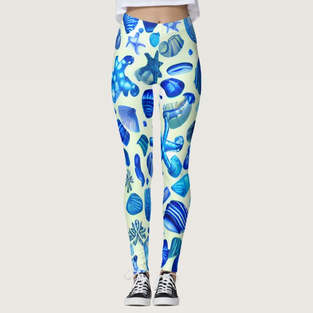 Leggings Blue Sea Shells Ocean Motif (Devant)