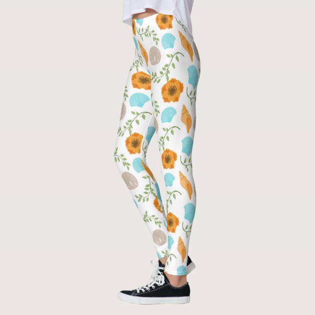 Leggings Blue Seashells Sea Snail Orange Flower (Gauche)