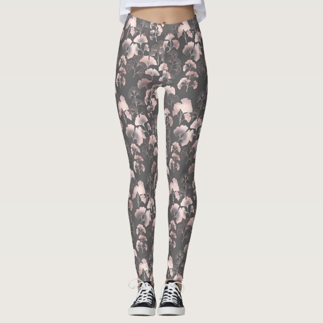 Leggings Blush Ginkgo Luxe – Botanique dorée sur fond noir (Devant)